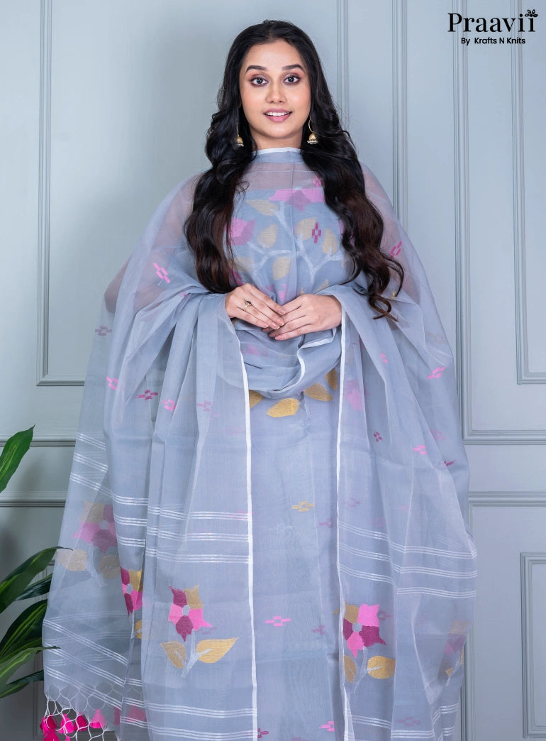 Cerulean Blue Unstitched Muslin Jamdani Suit Set