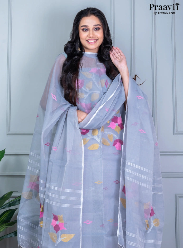 Cerulean Blue Unstitched Muslin Jamdani Suit Set