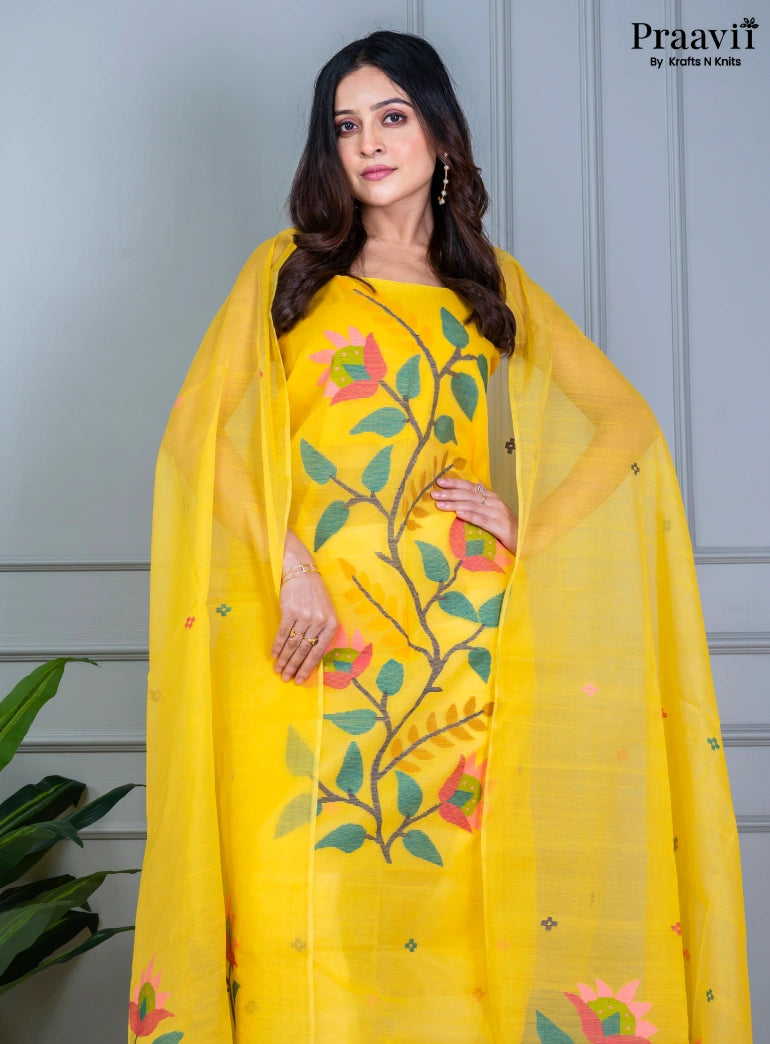 Yellow Unstitched Muslin Jamdani Suit Set