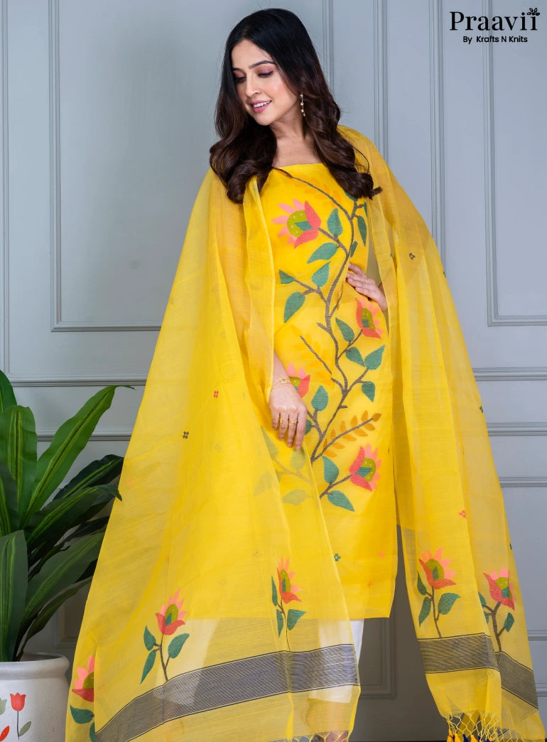 Yellow Unstitched Muslin Jamdani Suit Set
