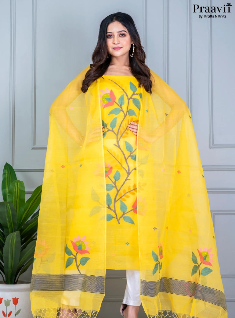 Yellow Unstitched Muslin Jamdani Suit Set