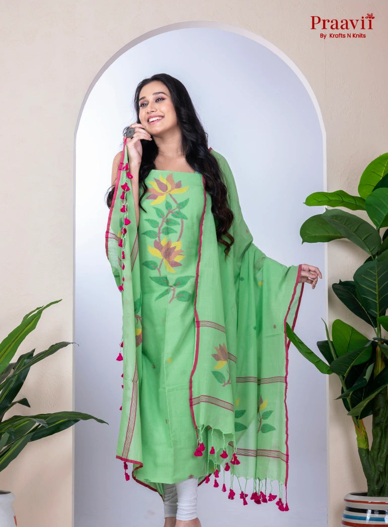 Green Unstitched Cotton Jamdani Suit Set