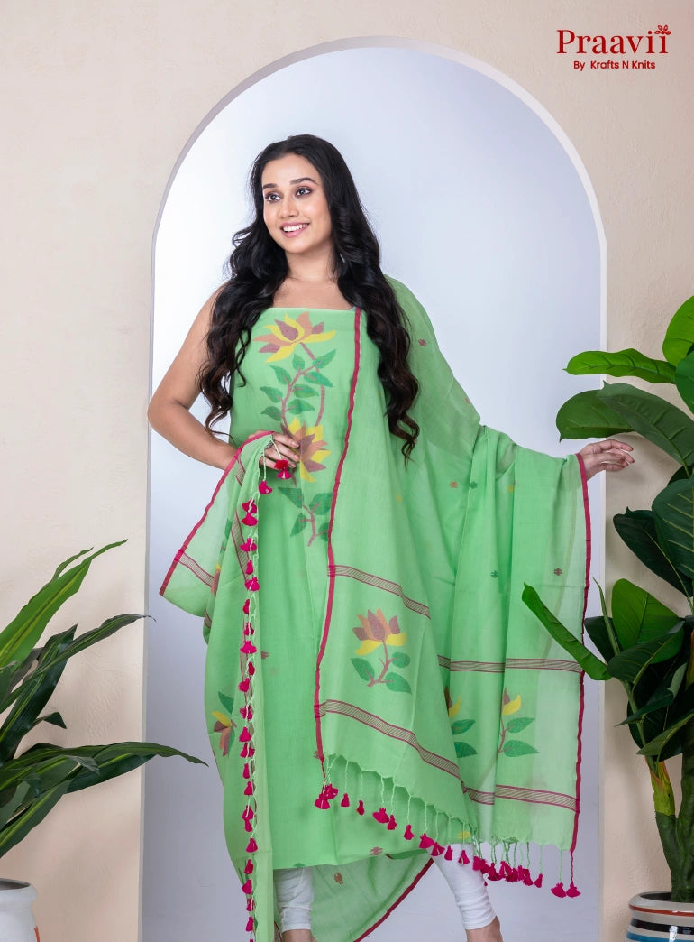 Green Unstitched Cotton Jamdani Suit Set