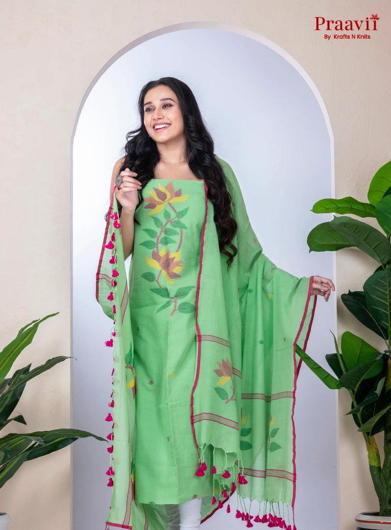 Green Unstitched Cotton Jamdani Suit Set