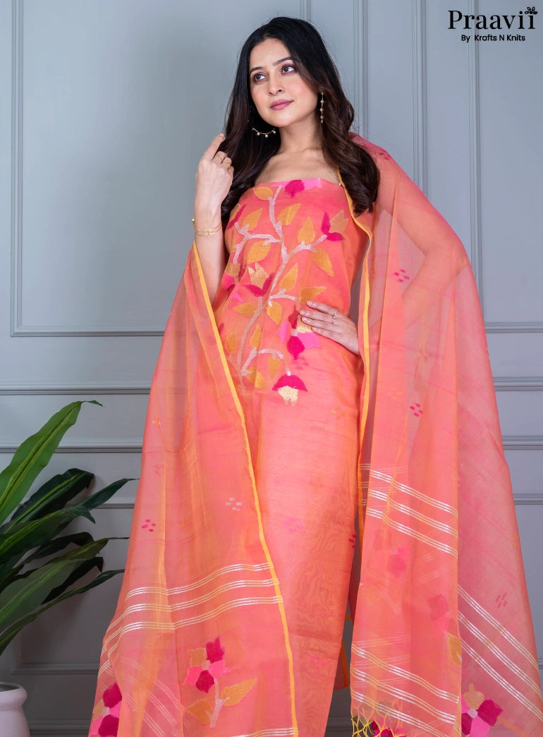 Peach Muslin Jamdani Unstitched Suit Set