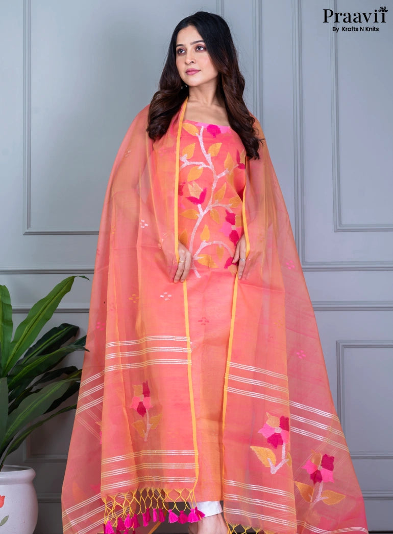 Peach Muslin Jamdani Unstitched Suit Set