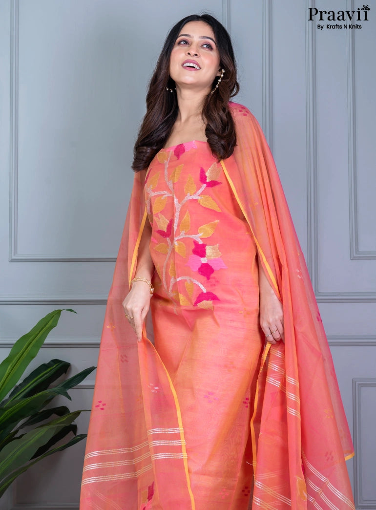 Peach Muslin Jamdani Unstitched Suit Set