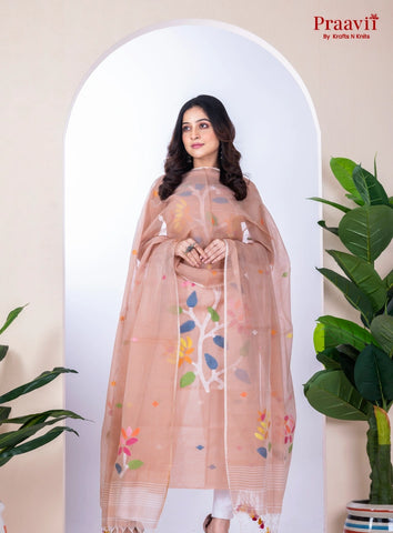 Beige Unstitched Muslin Jamdani Suit Set