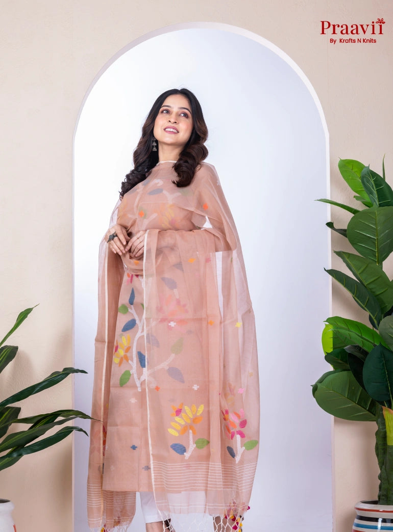 Beige Unstitched Muslin Jamdani Suit Set