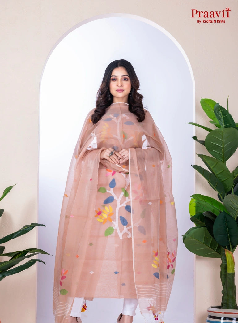 Beige Unstitched Muslin Jamdani Suit Set