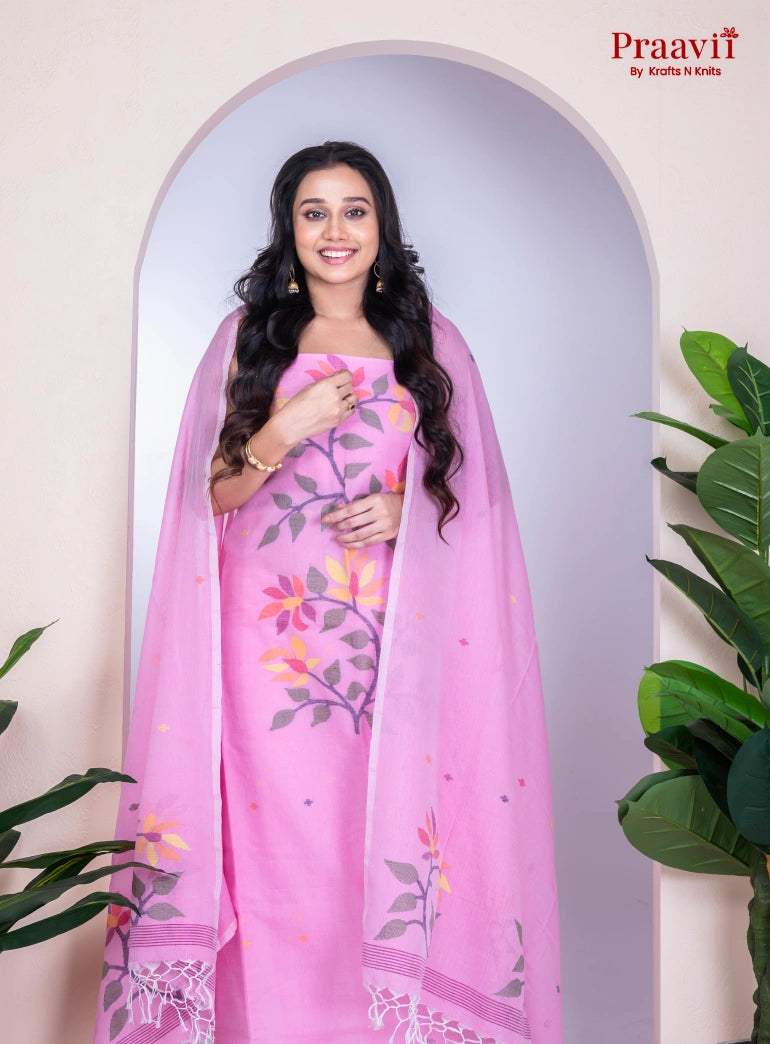 Baby Pink Unstitched Cotton Jamdani Suit Set