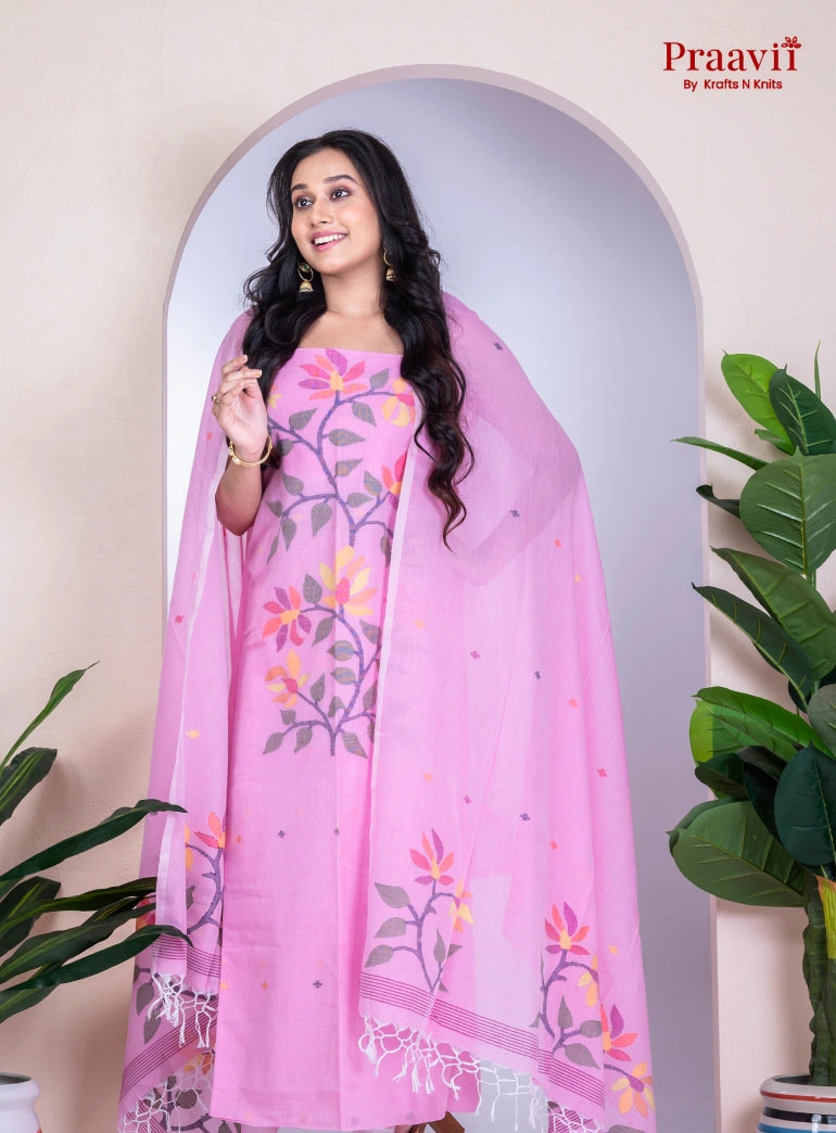 Baby Pink Unstitched Cotton Jamdani Suit Set