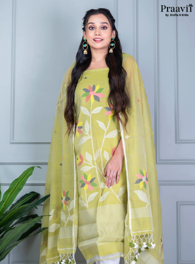 Light Olive Green Unstitched Muslin Jamdani Suit Set