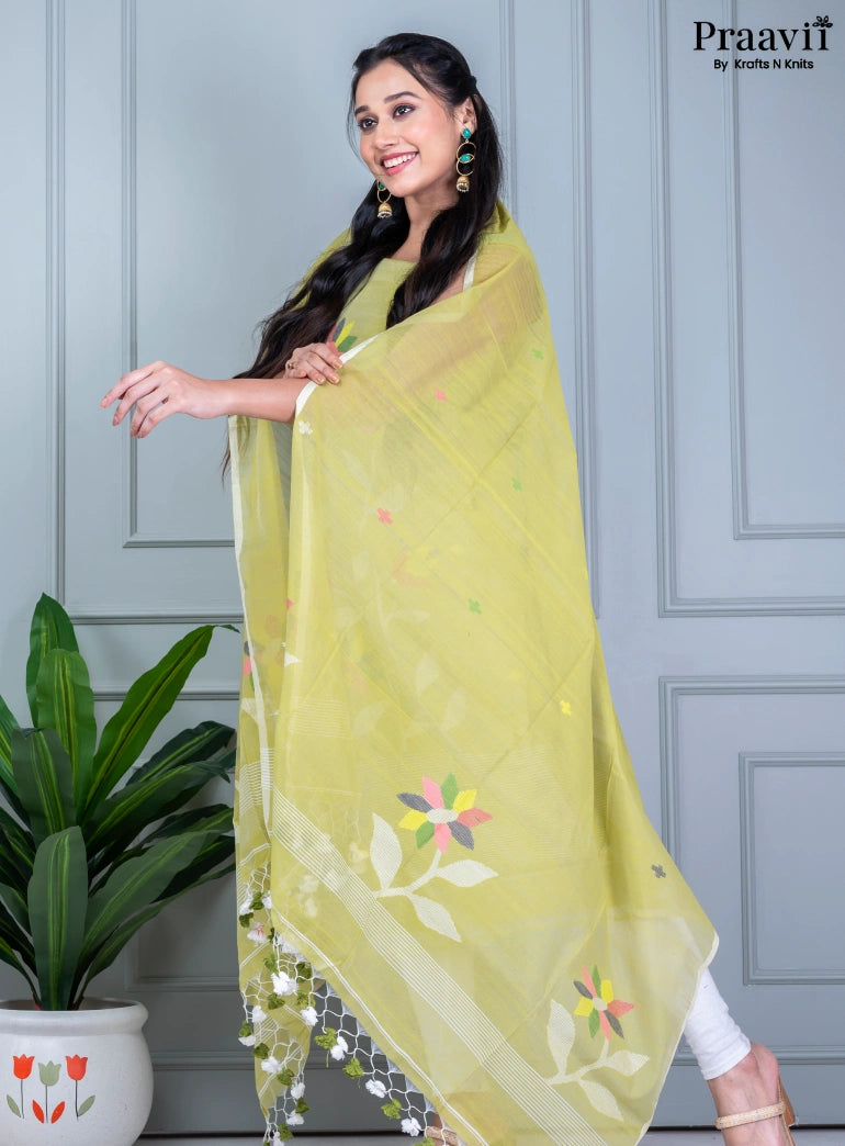 Light Olive Green Unstitched Muslin Jamdani Suit Set
