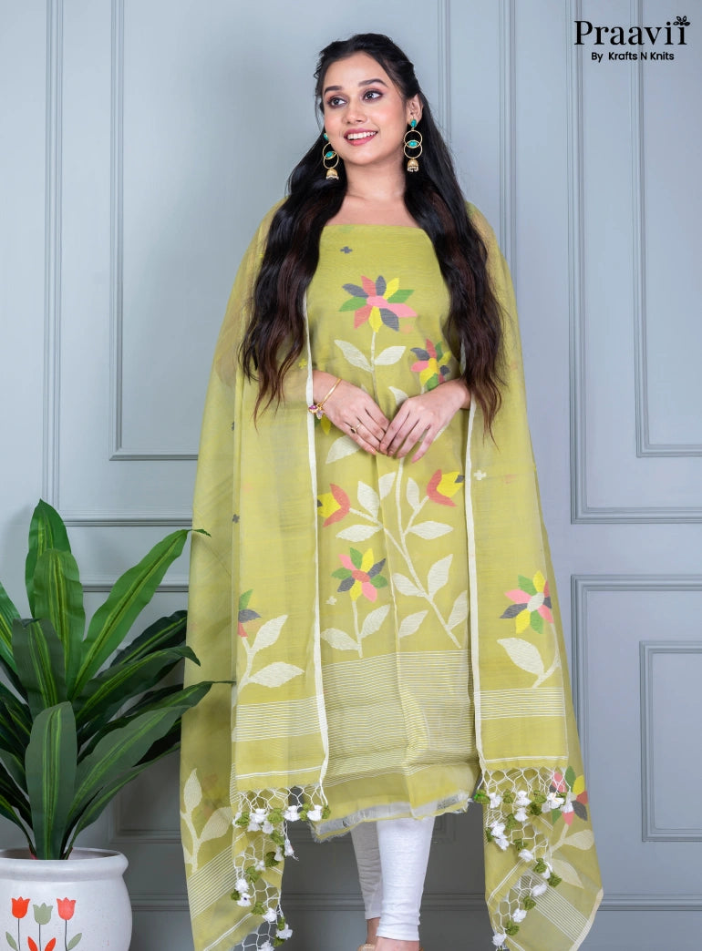 Light Olive Green Unstitched Muslin Jamdani Suit Set