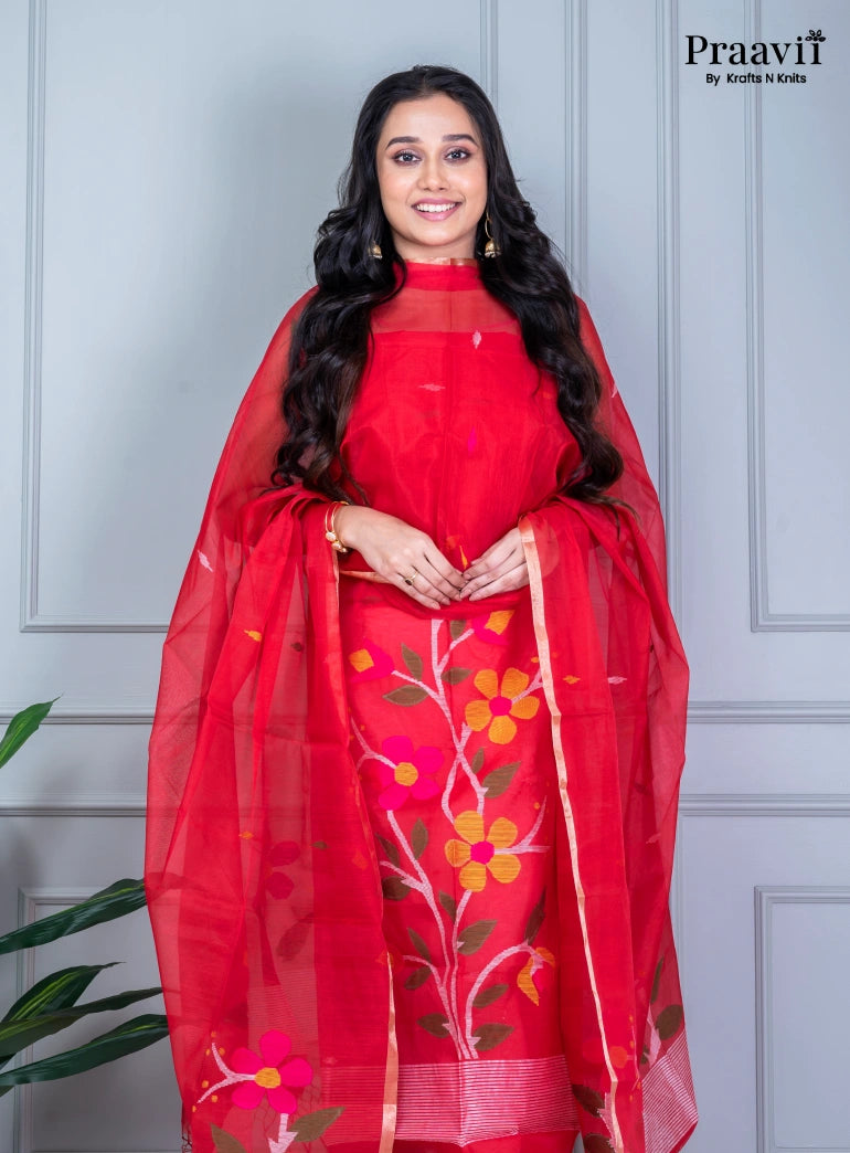 Crimson Red Unstitched Muslin Jamdani Suit Set