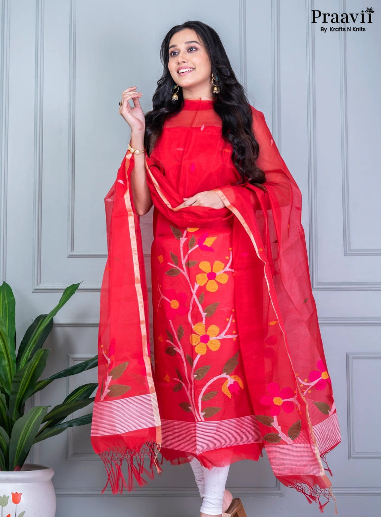 Crimson Red Unstitched Muslin Jamdani Suit Set