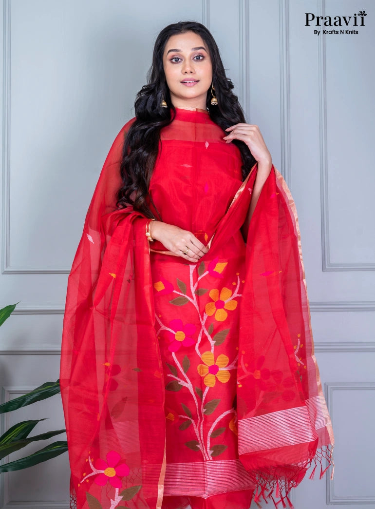Crimson Red Unstitched Muslin Jamdani Suit Set
