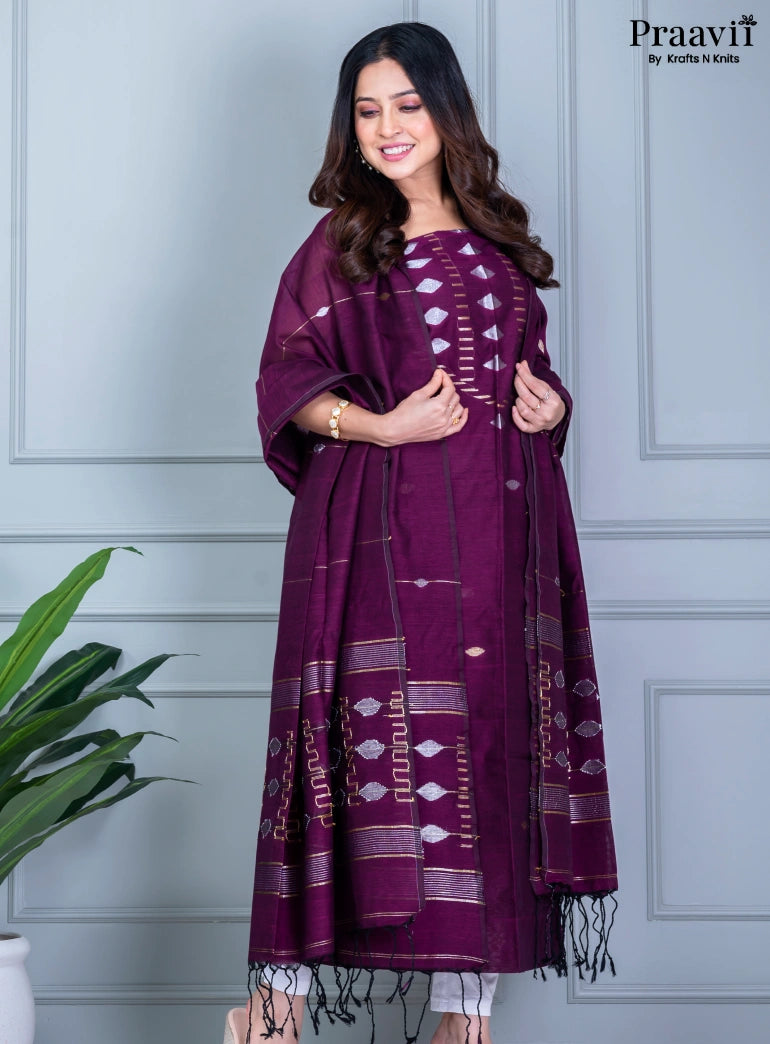 Purple Unstitched Cotton Jamdani Suit Set