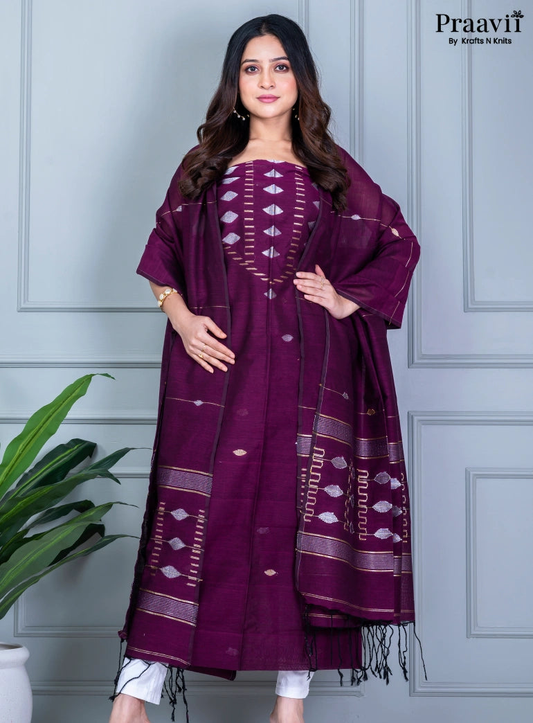 Purple Unstitched Cotton Jamdani Suit Set