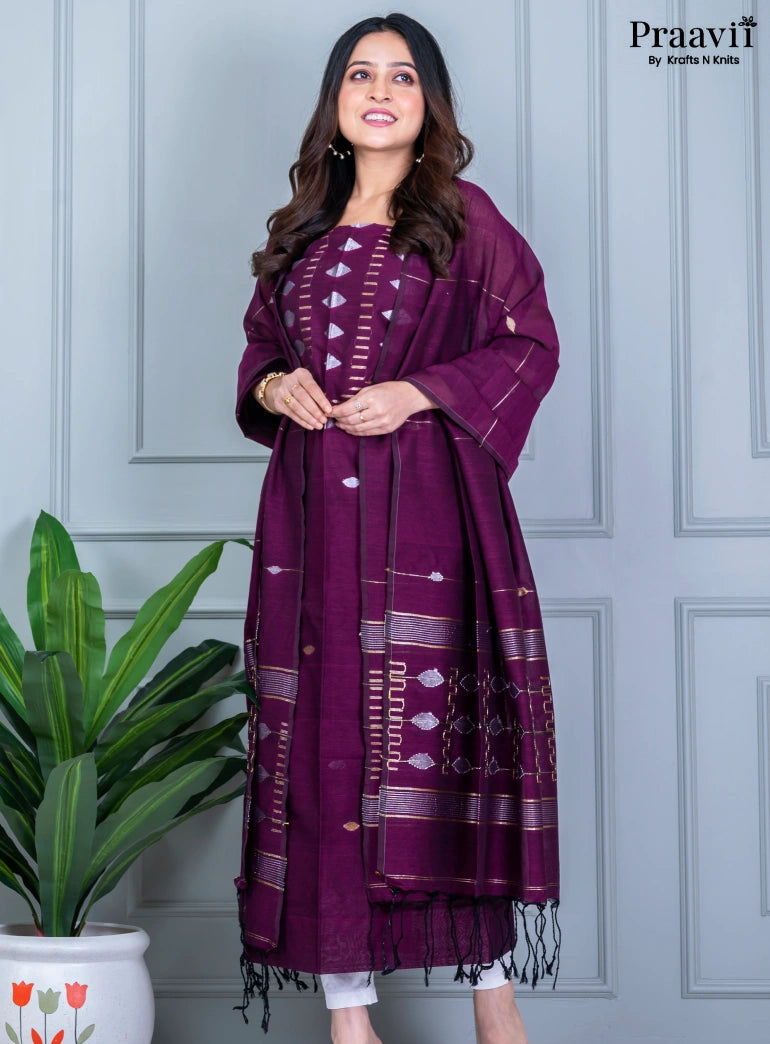 Purple Unstitched Cotton Jamdani Suit Set