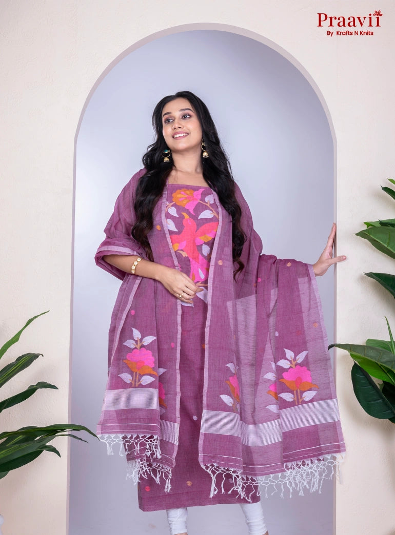 Fuchsia Unstitched Cotton Jamdani Suit Set