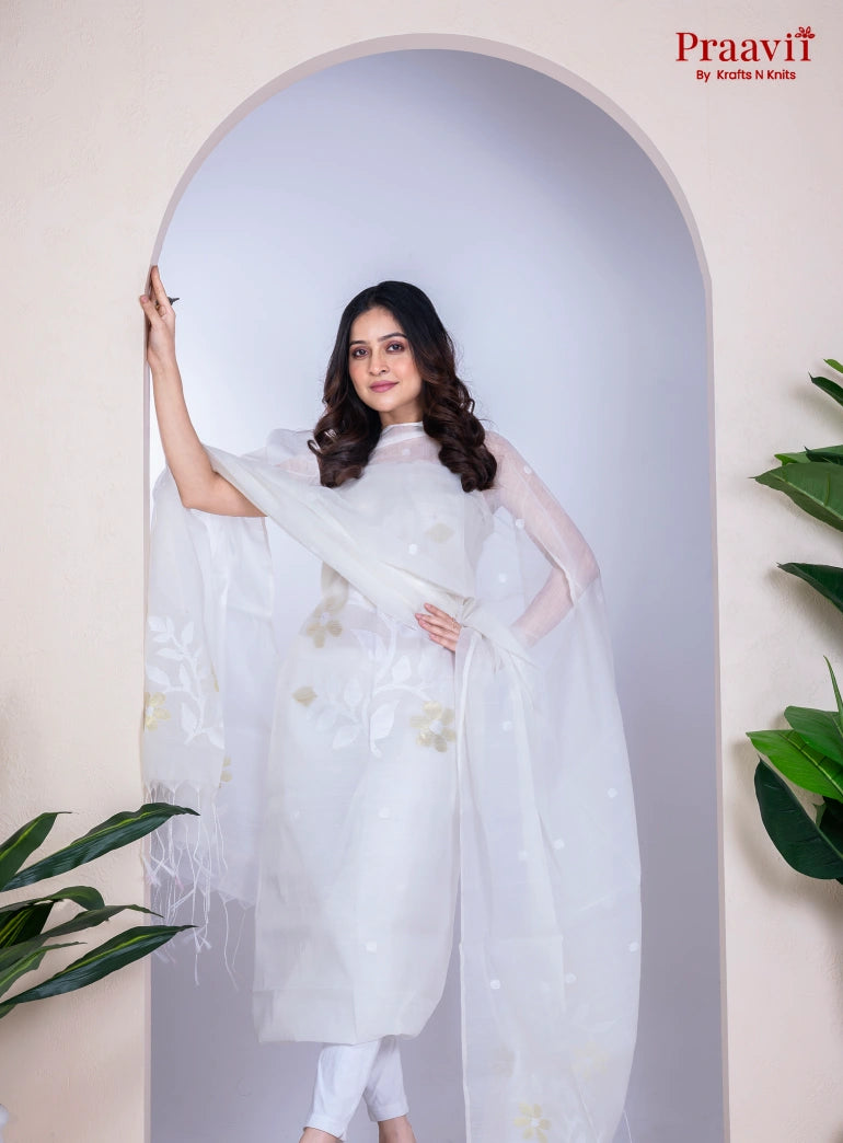 White Unstitched Cotton Handwoven Jamdani Suit Set