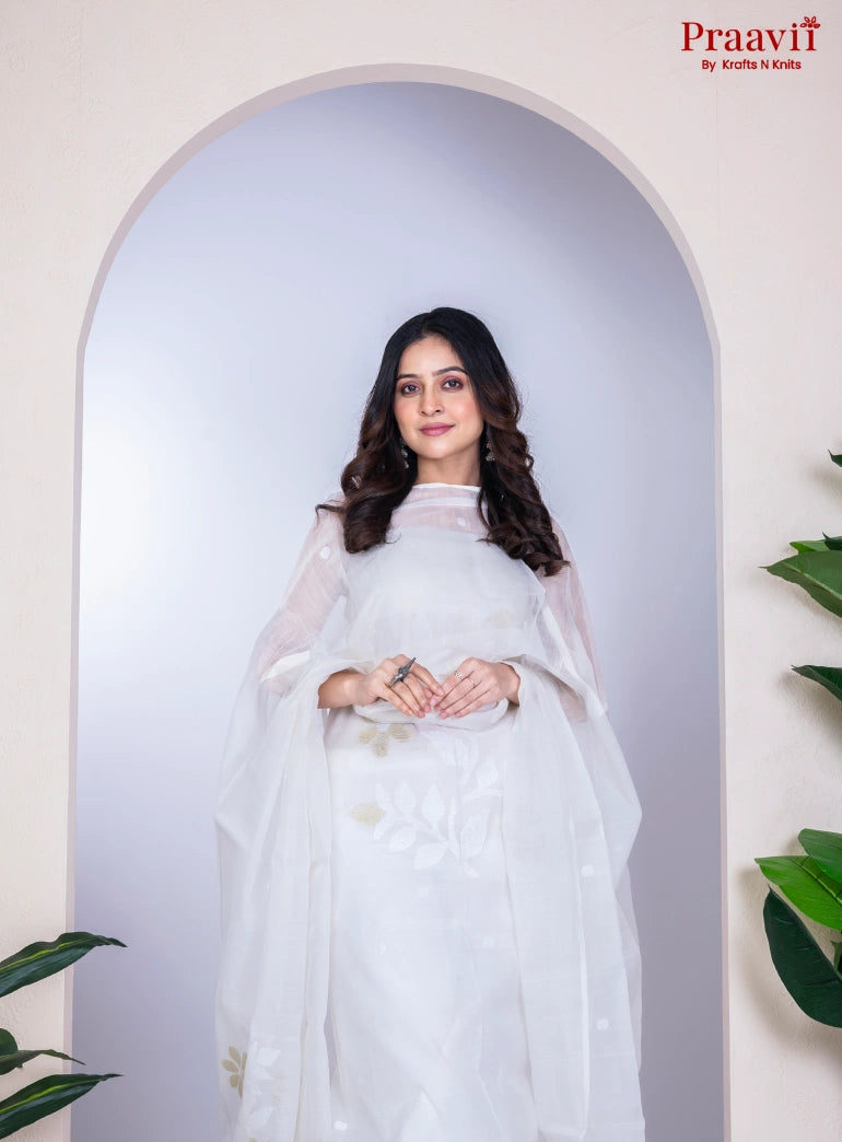 White Unstitched Cotton Handwoven Jamdani Suit Set