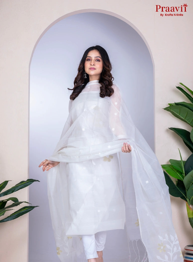 White Unstitched Cotton Handwoven Jamdani Suit Set