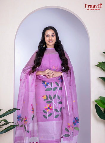 Violet Unstitched Cotton Handwoven Jamdani Suit Set