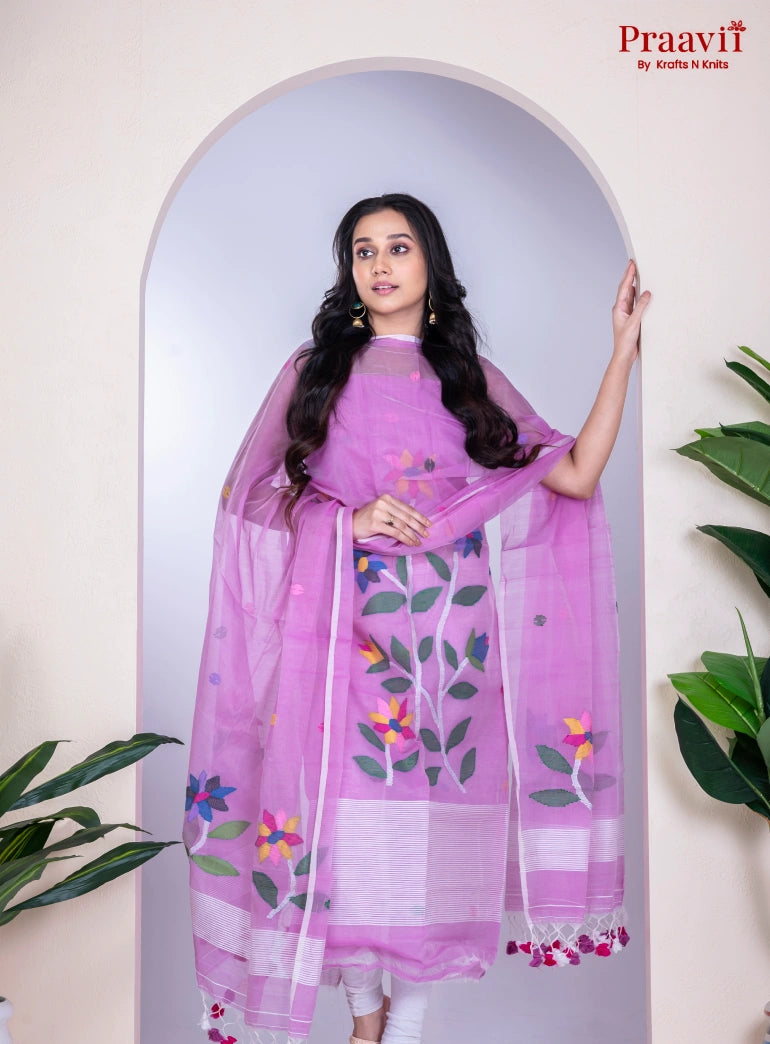 Violet Unstitched Cotton Handwoven Jamdani Suit Set