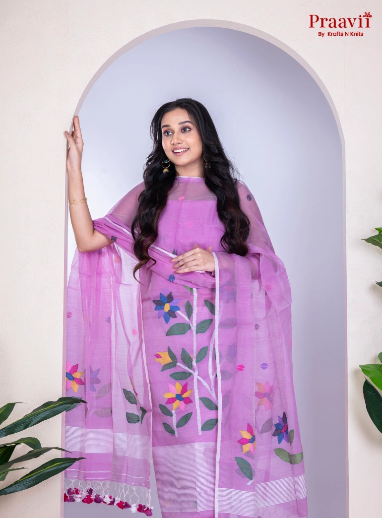 Violet Unstitched Cotton Handwoven Jamdani Suit Set