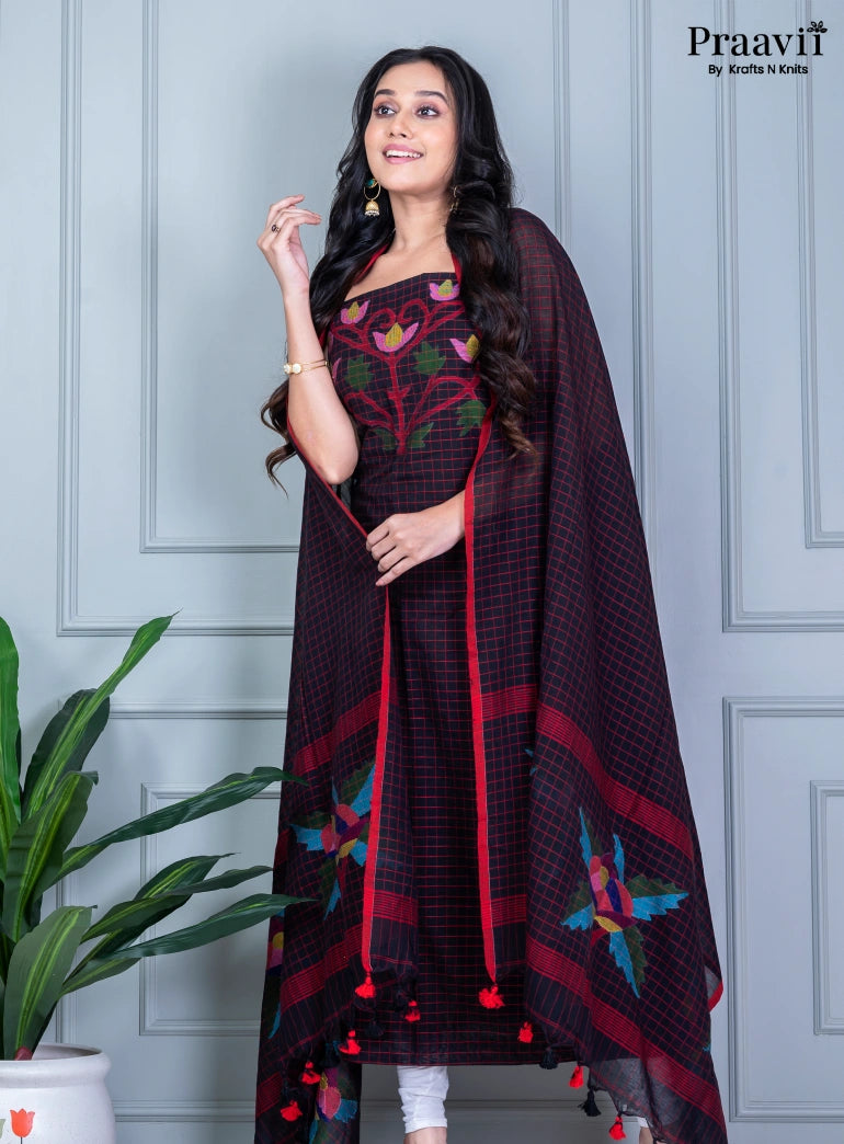 Black Unstitched Cotton Handwoven Jamdani Suit Set