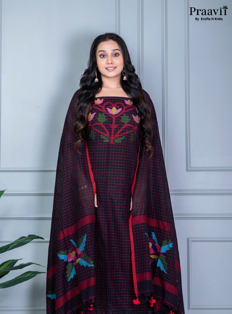 Black Unstitched Cotton Handwoven Jamdani Suit Set