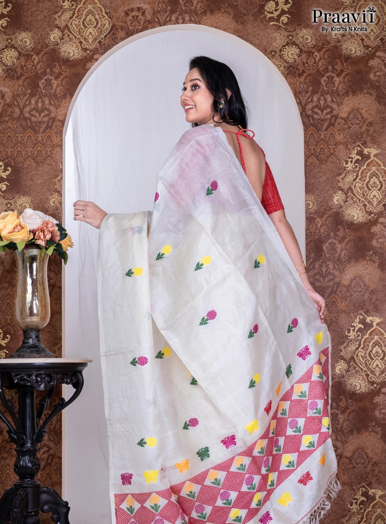 Off-White Pure Cotton Jamdani Handwoven Saree