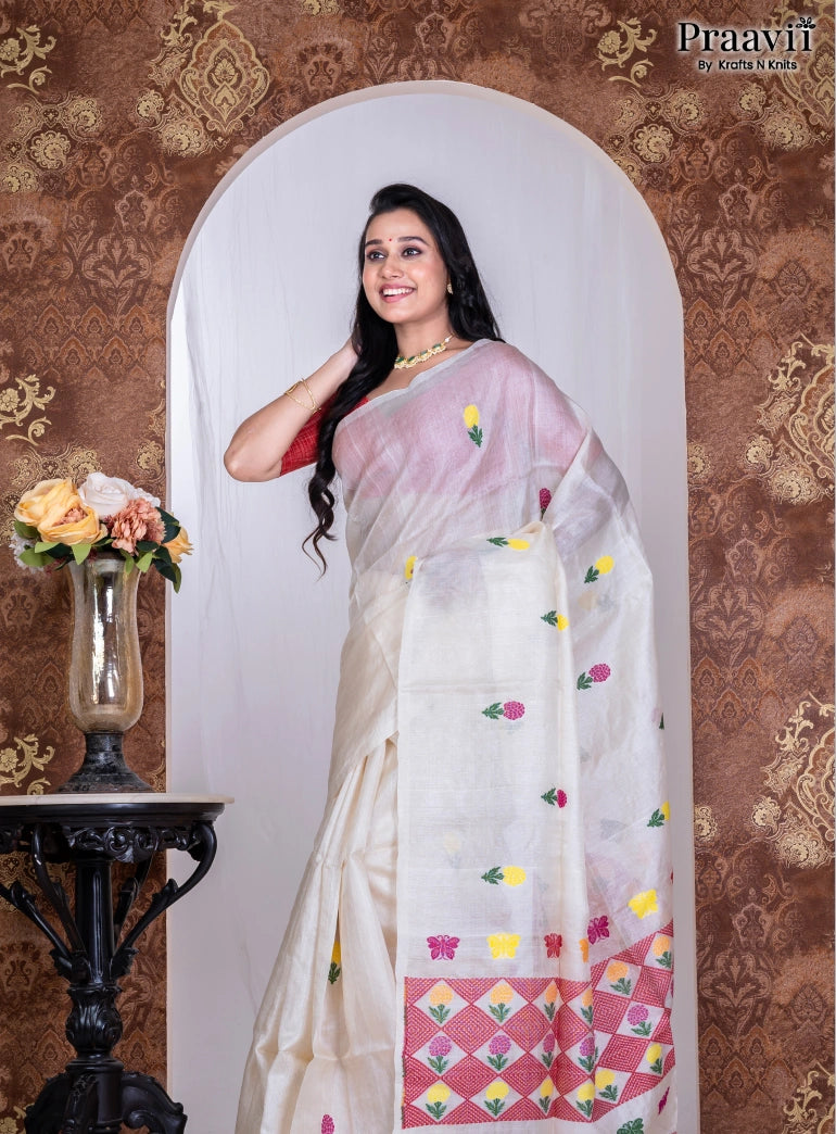 Off-White Pure Cotton Jamdani Handwoven Saree