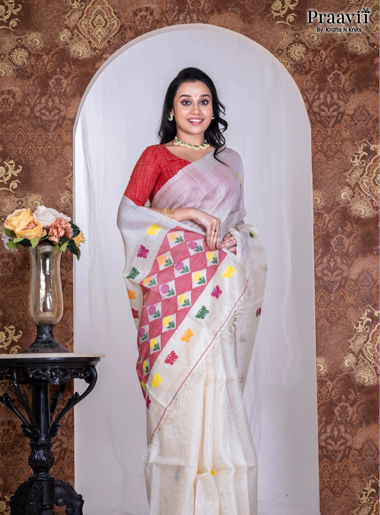 Off-White Pure Cotton Jamdani Handwoven Saree