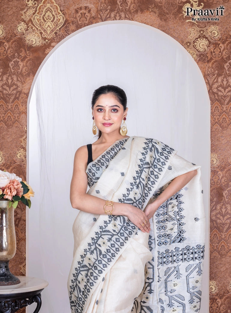 White Pure Cotton Jamdani Handwoven Saree