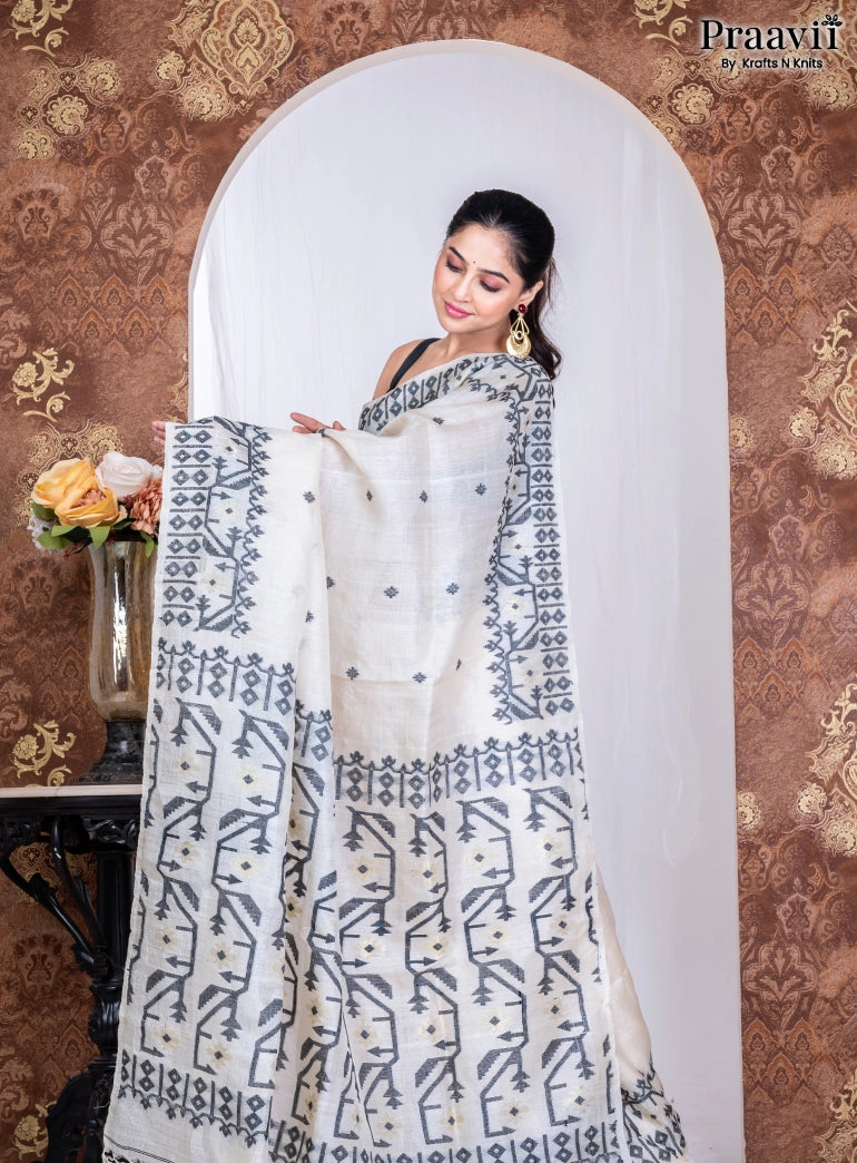White Pure Cotton Jamdani Handwoven Saree