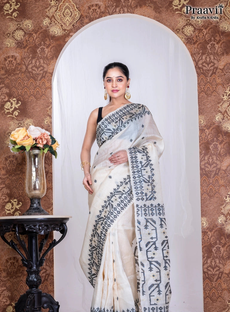 White Pure Cotton Jamdani Handwoven Saree