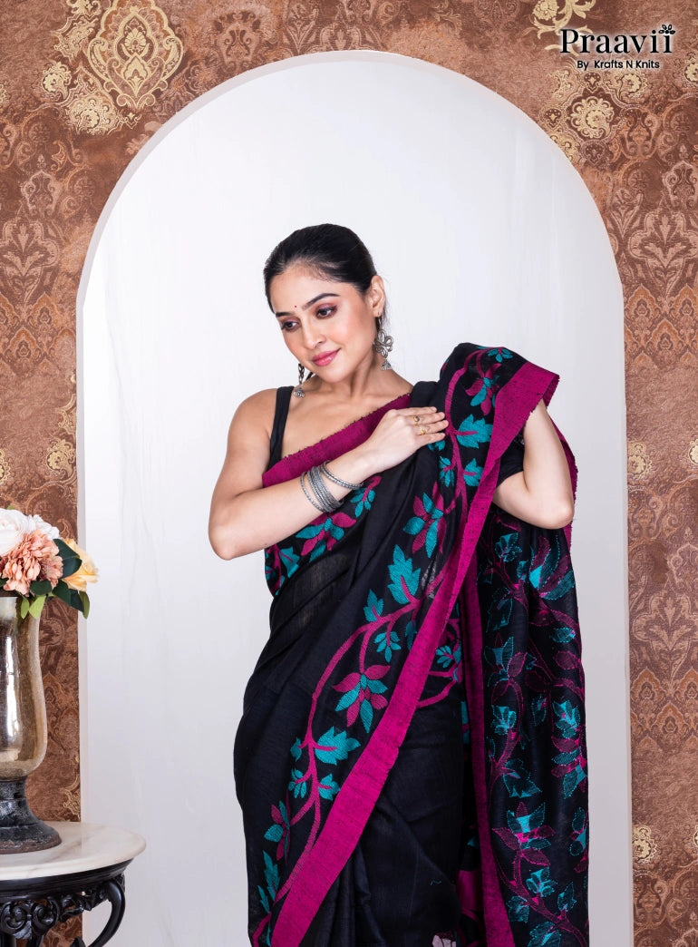 Black Pure Cotton Jamdani Handwoven Saree
