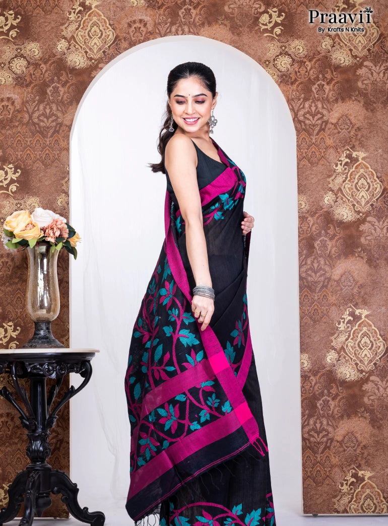 Black Pure Cotton Jamdani Handwoven Saree