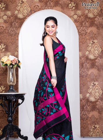 Black Pure Cotton Jamdani Handwoven Saree