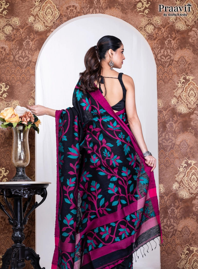 Black Pure Cotton Jamdani Handwoven Saree
