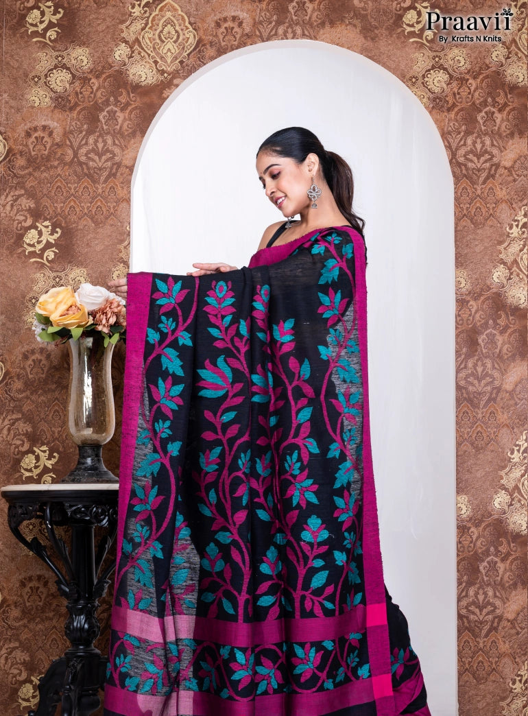 Black Pure Cotton Jamdani Handwoven Saree