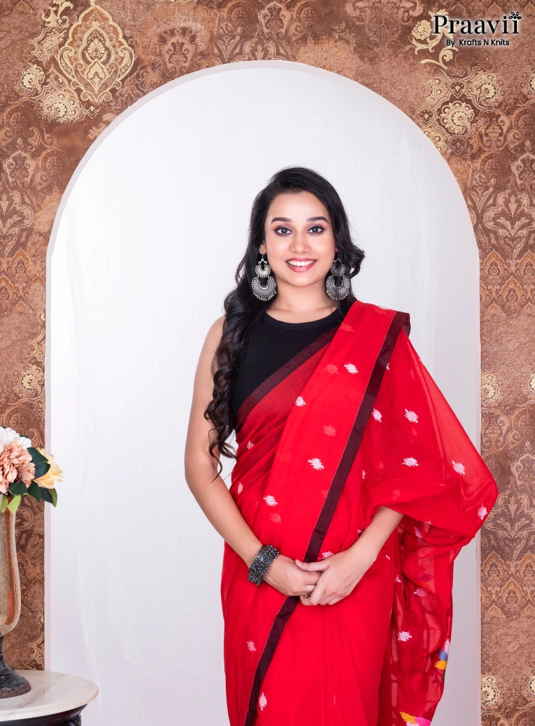 Red Pure Cotton Jamdani Handwoven Saree