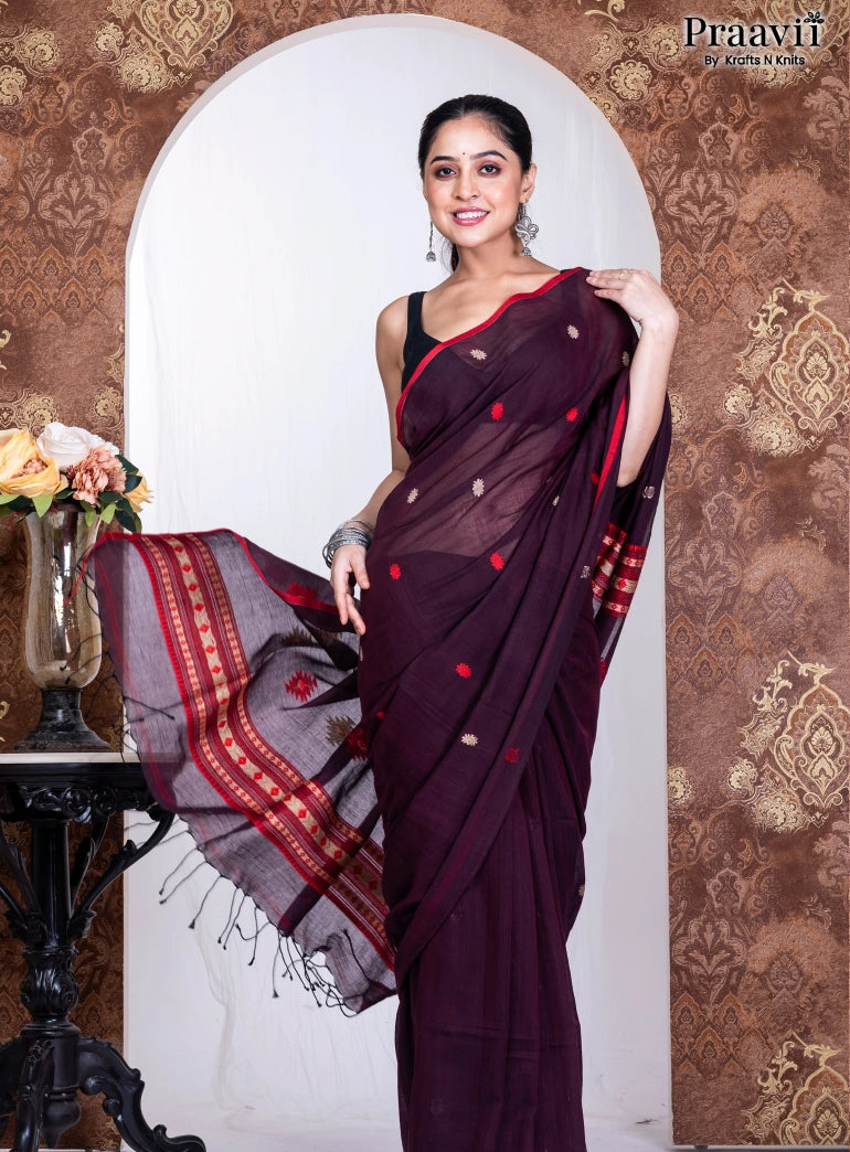 Dark Maroon Pure Cotton Jamdani Handwoven Saree