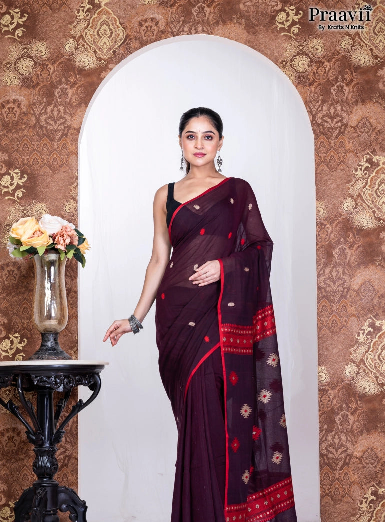 Dark Maroon Pure Cotton Jamdani Handwoven Saree
