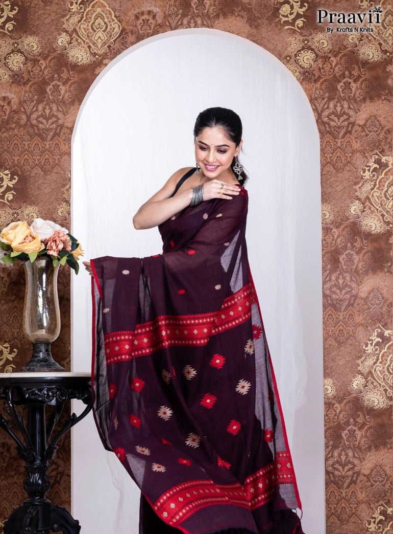 Dark Maroon Pure Cotton Jamdani Handwoven Saree