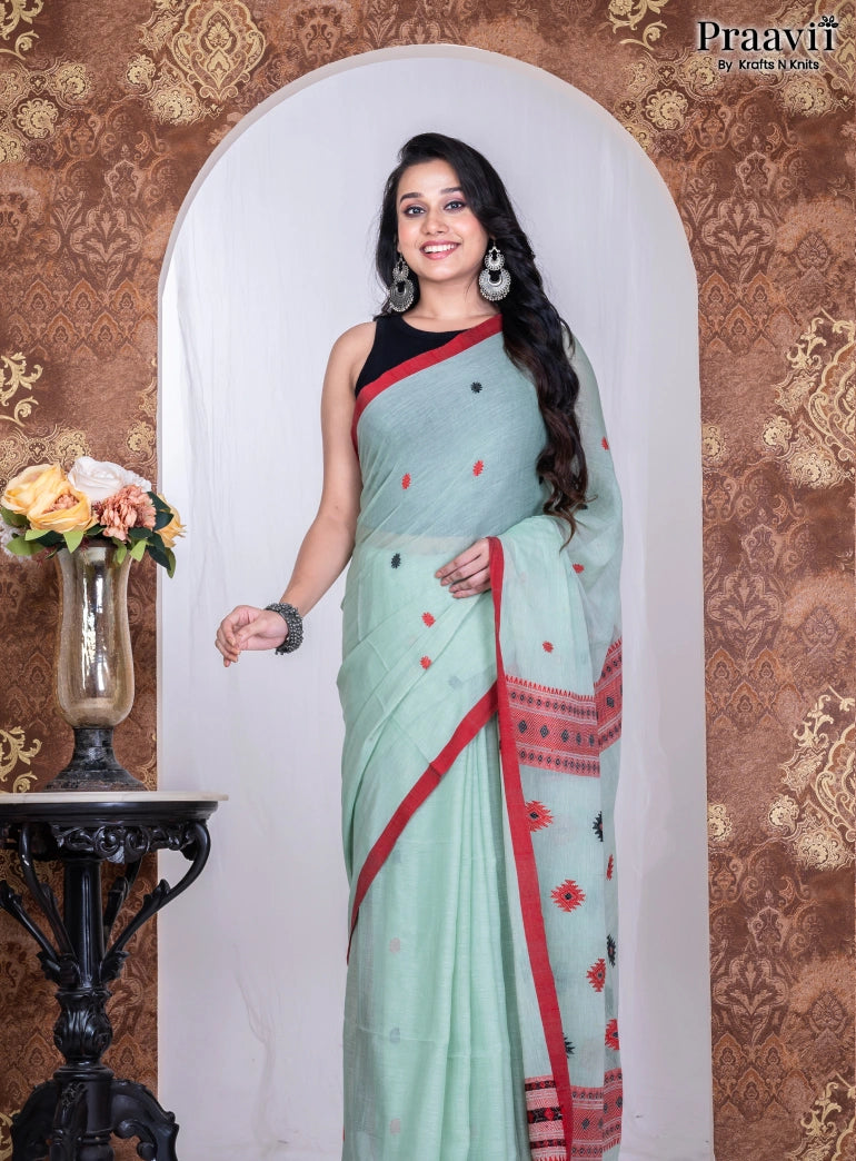 Aqua Green Pure Cotton Jamdani Handwoven Saree